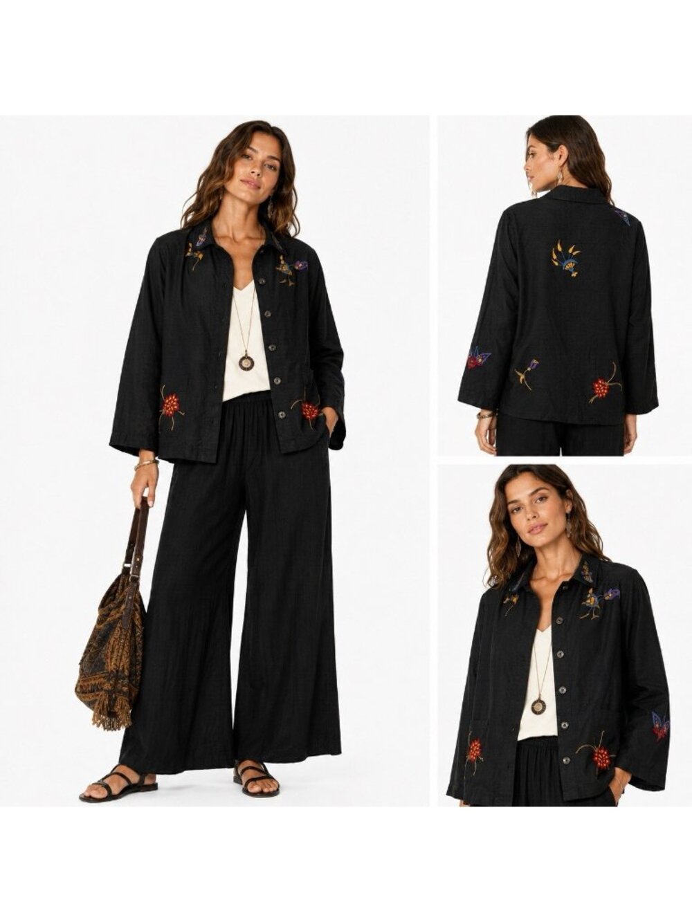 vintage 90s 100% SILK EMBROIDERED JACKET chicos black XL wearable art boho